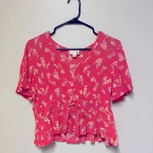 Pink Floral Shortsleeved Crop Top with Tie